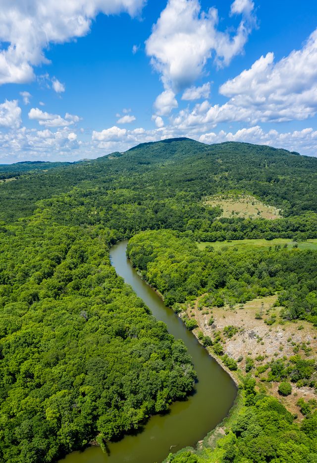Aerial view of river winding through green forest in Arkansas representing divorce journey