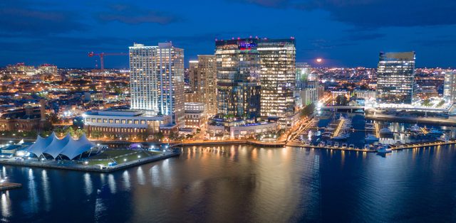 Aerial view of Baltimore downtown skyline representing DIY divorce filing options
