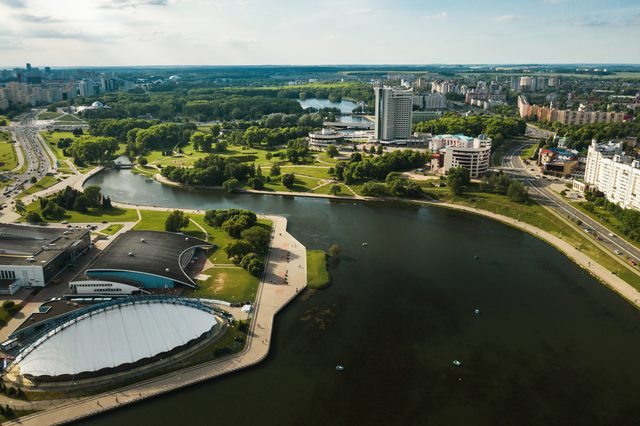 Aerial view of a Wisconsin cityscape at sunset, representing DIY divorce filing options